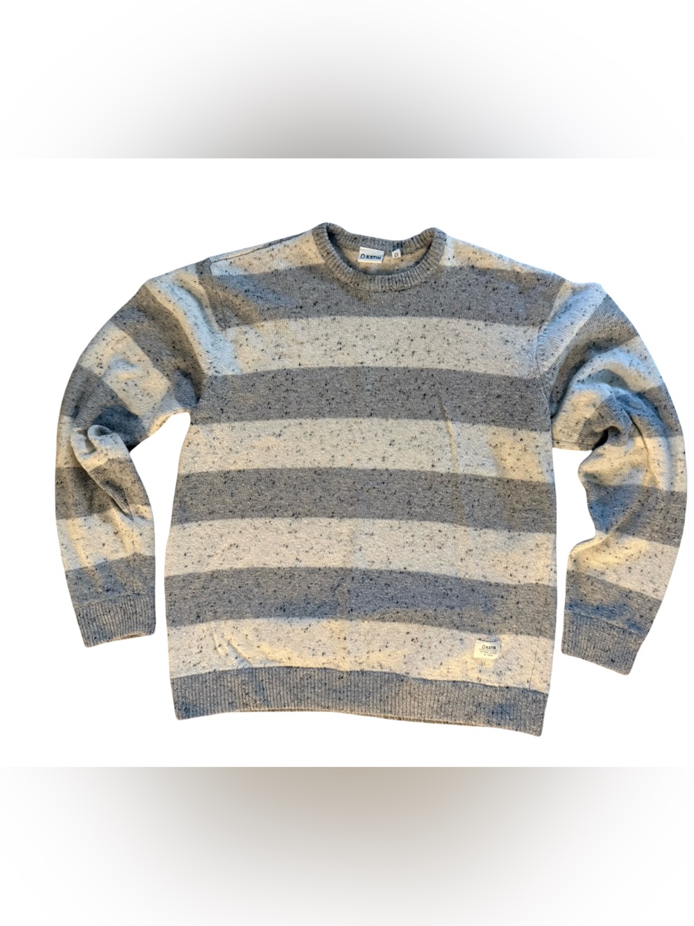 Katin Sweater Mens XL Gray Cream Striped Crewneck Wool Blend Coastal Surf